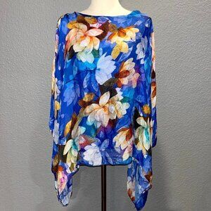 BELLA AMORE Made in Italy Silk Dolman Top Blue Floral Chiffon Pullover -EUC - OS